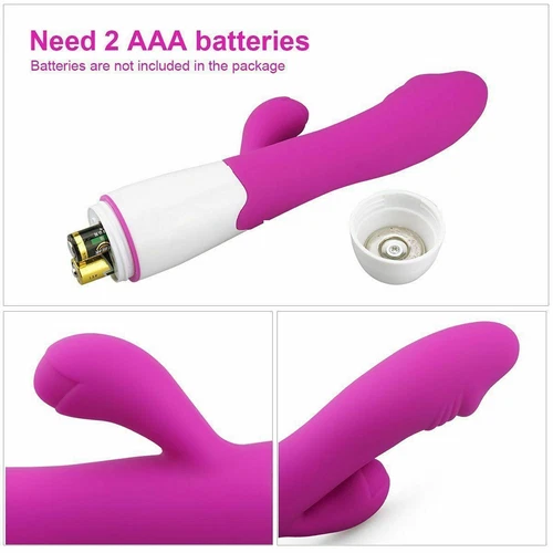 Purple and white Multispeed Vibrator G Spot dildo with black battery compartment, shown on a gray surface.