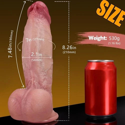 Dildo8.3 inch waterproof women's toy with realistic lifelike appearance, shown beside a red soda can for scale.