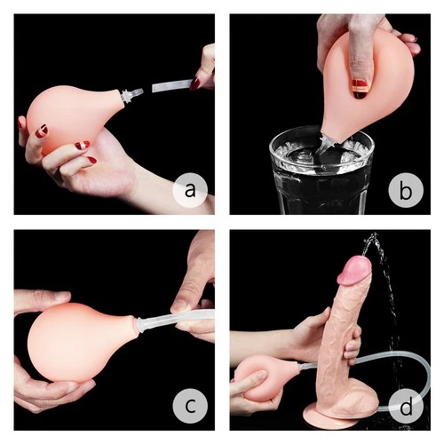 Hand operating Squirting Ejaculating Lifelike Feeling suction-cup dong with clear window, shown with water and saline solution.