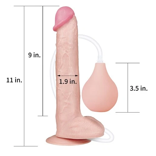 Pink Squirting Ejaculating Lifelike Feeling suction-cup dong, 9 inches tall by 3.5 inches wide with attached clear tube.