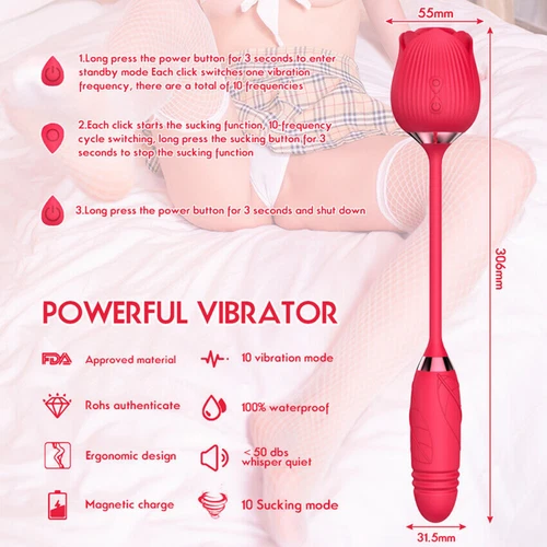 Red female dildo vibrator with 10-inch G-spot stimulator, white body, pink silicone headpiece, and visible branding.