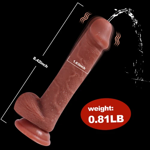 Red vibrating dildo with textured surface, 8.42in long, 1.63in tip, and white “weight: 0.81LB” text on black background.