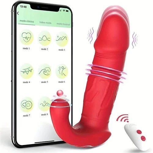 Red retractable vibration toy with textured rings, shown beside a smartphone displaying “mode 1” and “mode 2” icons.