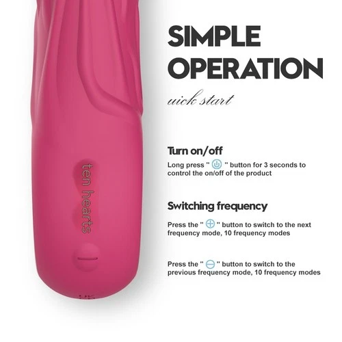 Pink self-vibration device with black tip, white buttons, and text “SIMPLE OPERATION” on white background.