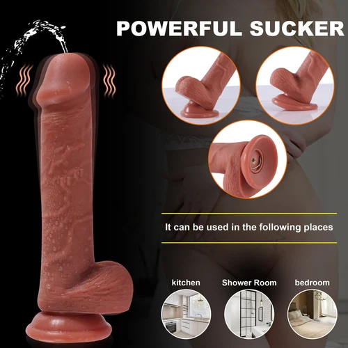 Orange realistic vibrating dildo with textured surface, remote control, and circular base on black background.