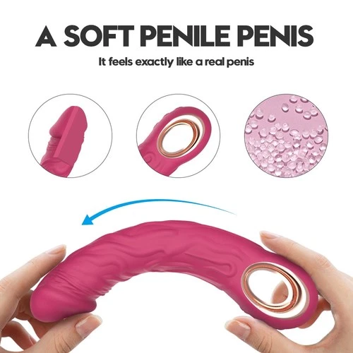 Pink self-wei vibration pen with textured handle, silver ring, and water-repellent tip on a wooden surface.