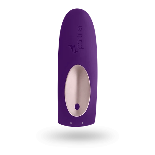 Purple Satisfyer Partner Plus waterproof USB rechargeable toy with smooth curved design and black bird logo on side.