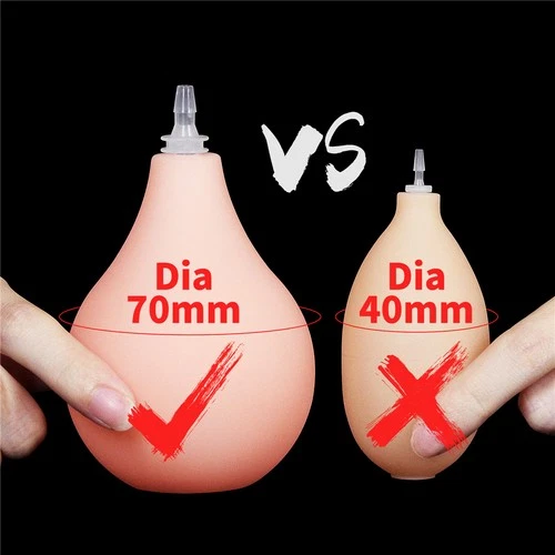 Hand holding Squirting Ejaculating Dong, red box shows 70mm vs 40mm, white text “VS” and “X” on black background.