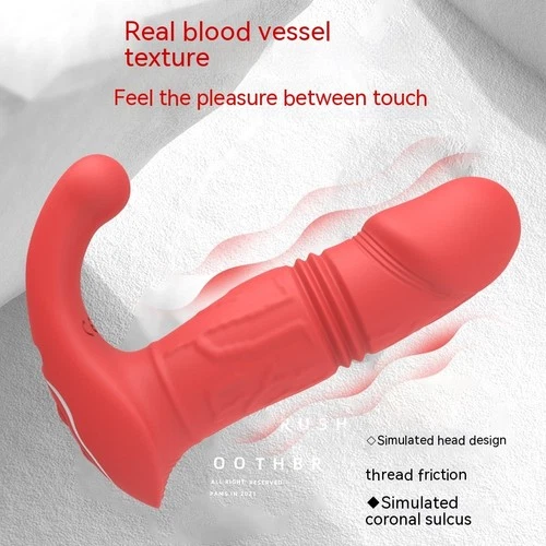 Red retractable vibration toy with textured tip, white body, and text “Real blood vessel” on white background.
