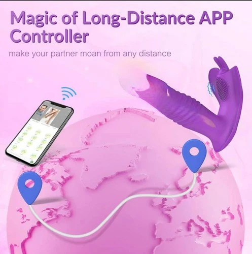 Pink Butterfly App controlled couples vibrator with purple silicone head, rechargeable remote, and blue on-screen display.