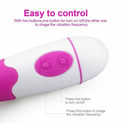 Purple and pink multispeed vibrator with two circular control buttons and LED indicator panel on a beige surface.