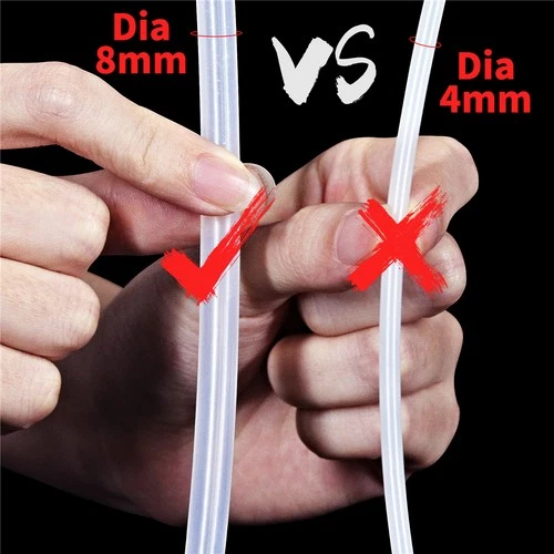 Hand holding clear plastic suction-cup dong, diameter 8mm on one end, 4mm on other, with red “VS” text in black.