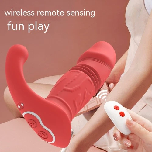 Red automatic retractable vibration toy with textured pattern, white remote control, and “fun play” text on beige background.